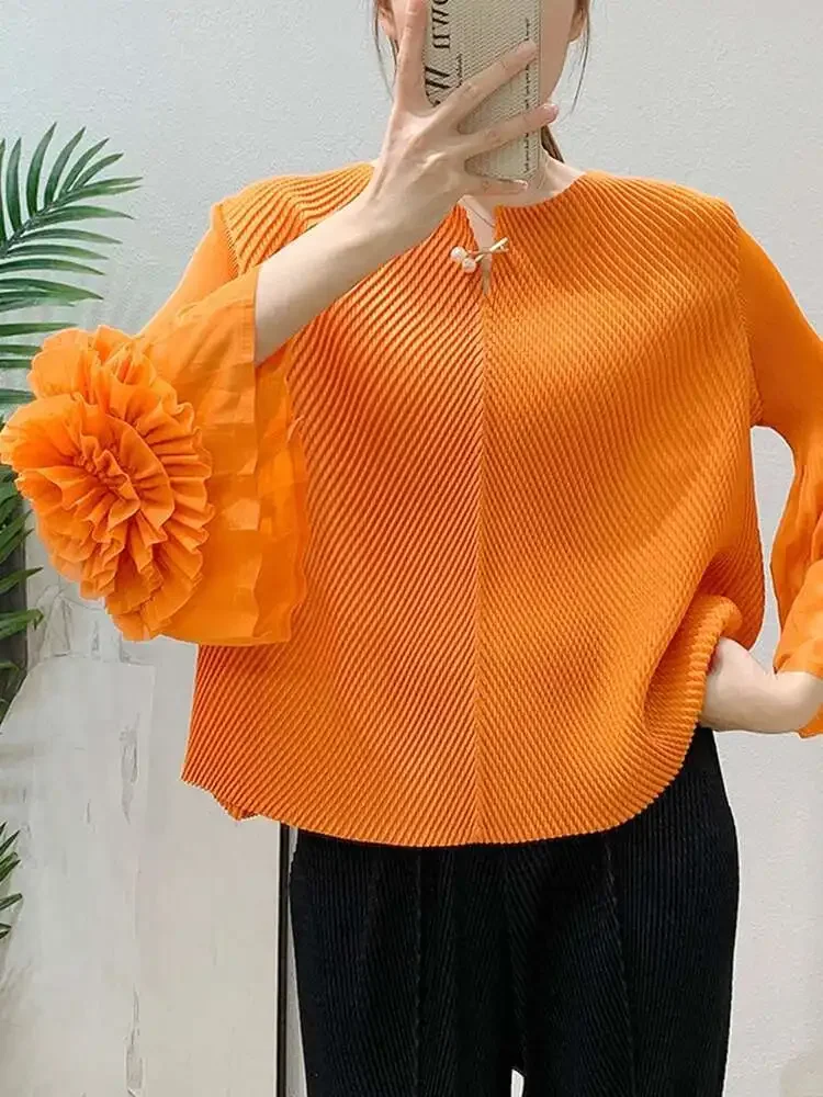 

Miyake 2025 Summer Fashion Casual Solid Colour Peplum Women's Pullover T-Shirt Floral Patchwork Cuffs Long Sleeve Pleated Top