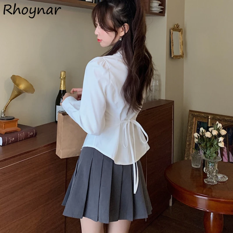 Solid Shirts Women Korean Fashion Clothing Slim Tighten Waist Lace-up Hotsweet Tops Preppy Style College Leisure All-match Chic