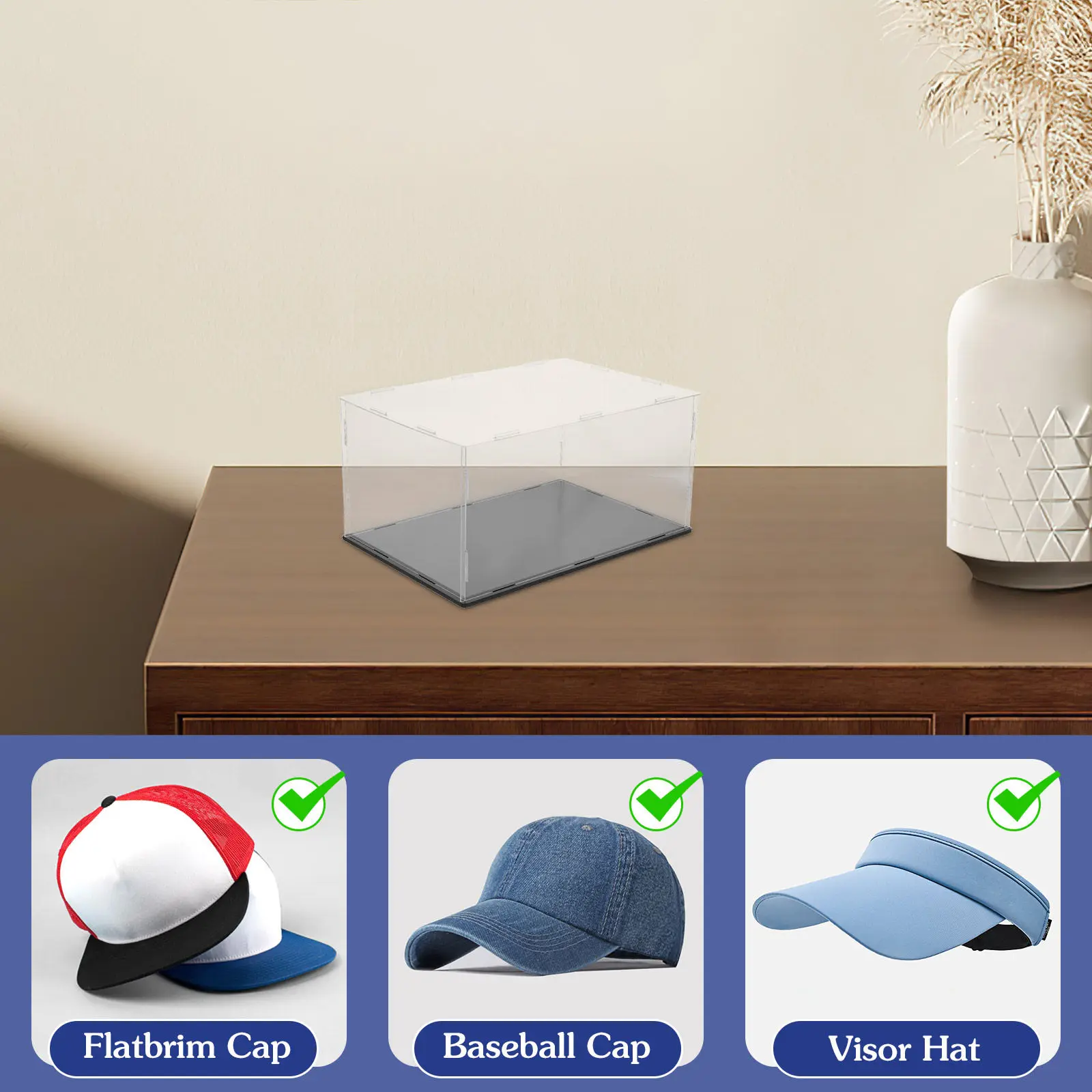 Clear Acrylic Hat Display Box for Baseball Caps Bucket Hats Crystal 360 Degree View Sturdy Tabletop Retail Photo Booth Hat