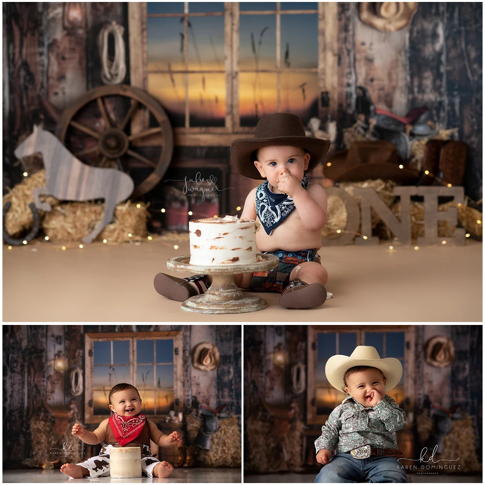 Buckin Bronco Farm Cowboy Photo Background Kids Birthday Cake Smash Photography Backdrop Retro Countryside Photo Studio Props