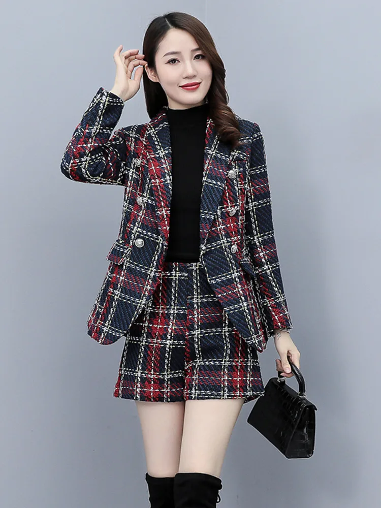 Tweed Jacket Short Pants Two Piece Set Women 2023 Spring Small Fragrance Double-breasted Coat Plaid Blazer And Shorts Tweed Suit