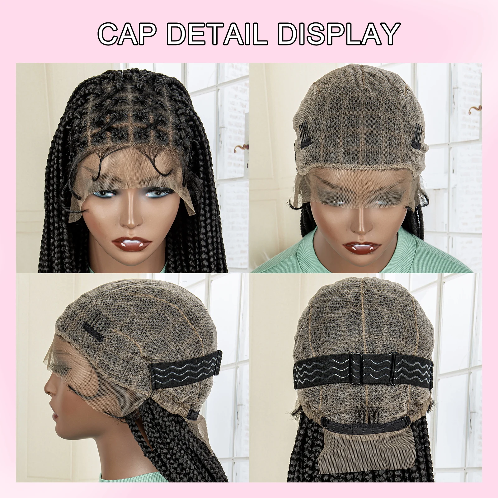 Wig Kepang Kotak Tanpa Simpul Sintetis untuk Wanita Hitam Afrika Wig Renda Penuh 36 Inci Wig Rambut Kepang Depan Renda Cornrow