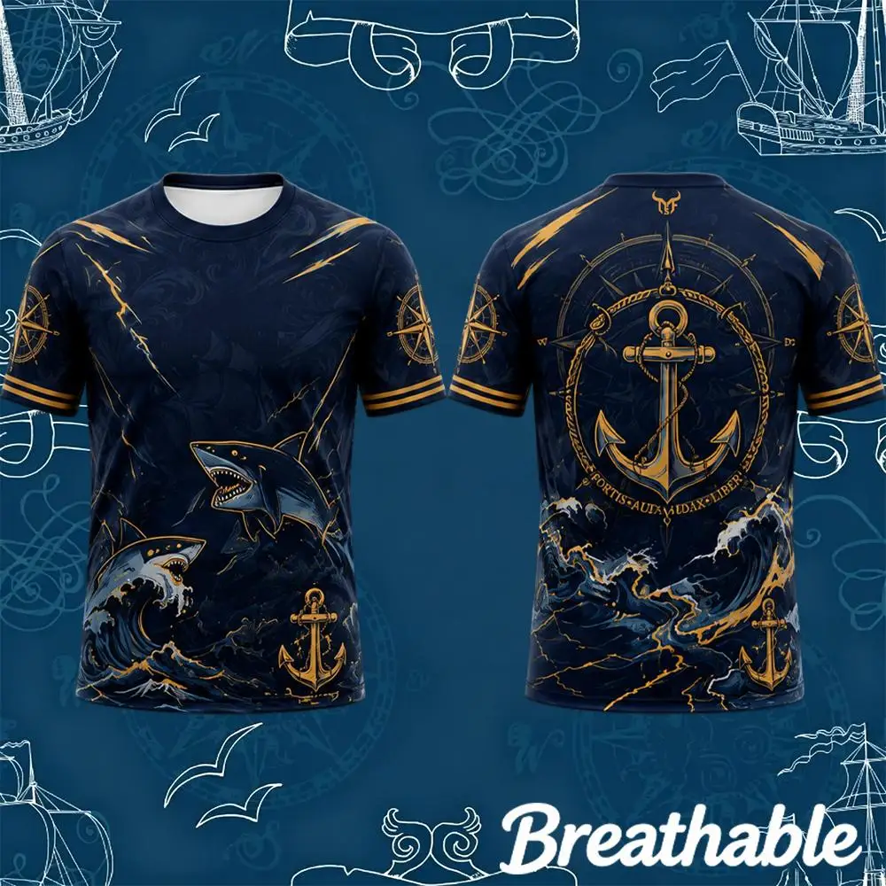 

Men's Nautical Shark Anchor Compass Print T-shirt Vintage Ocean Wave Short Sleeve Summer Breathable Casual Streetwear O-neck Top
