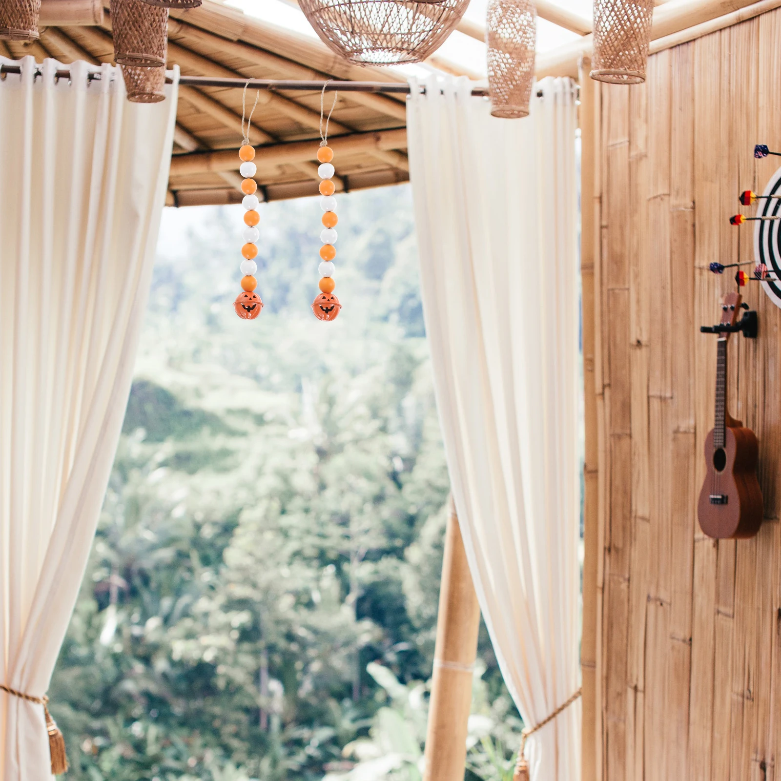 

2 Pcs Pumpkin Bell Pendant Halloween Wood Beads Garlands Wall Hanging Orange Alloy