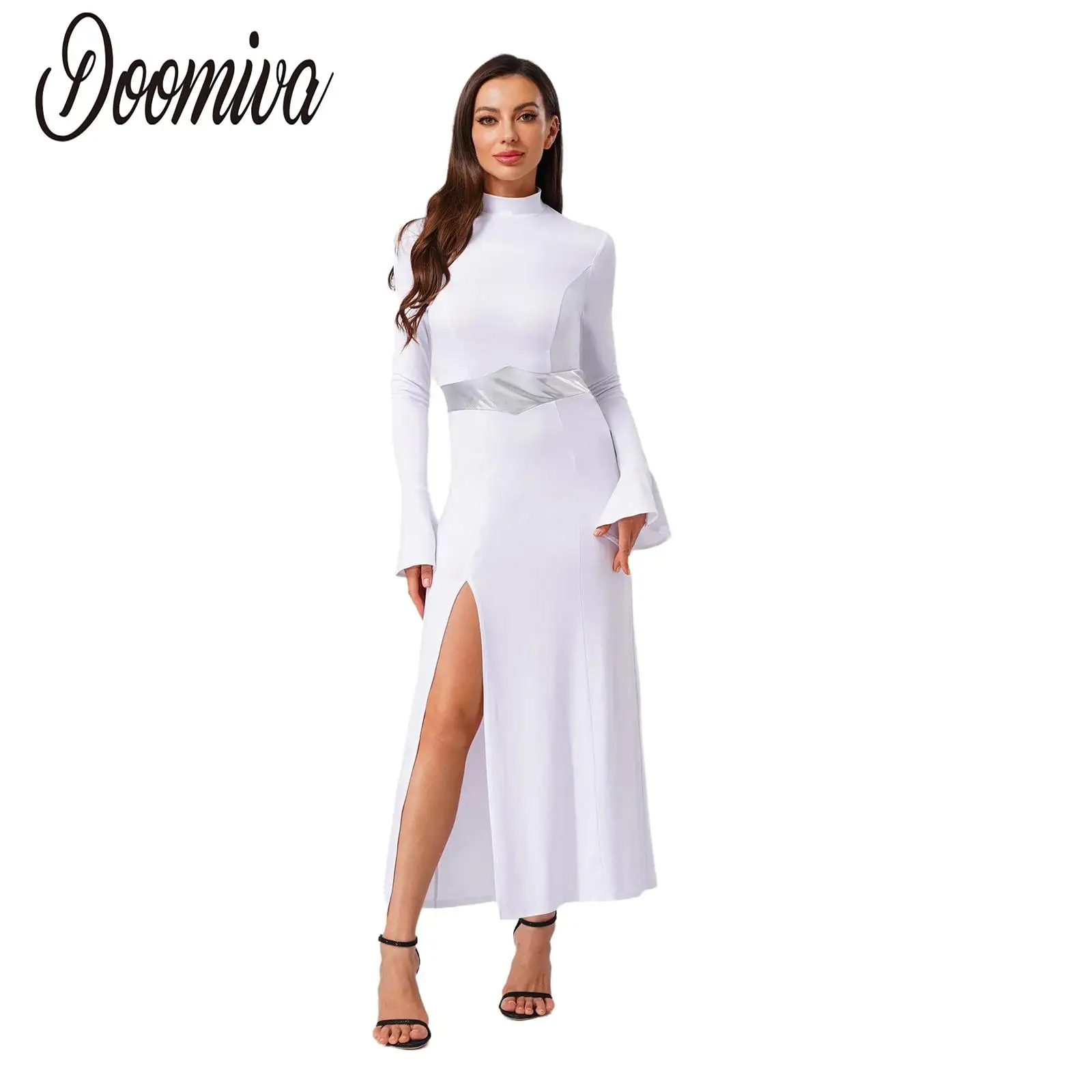 

Women Space Princess Cosplay Costume Praise Worship Dress Long Sleeve Flared Cuffs Tunic Maxi Dress for Halloween Theme Party