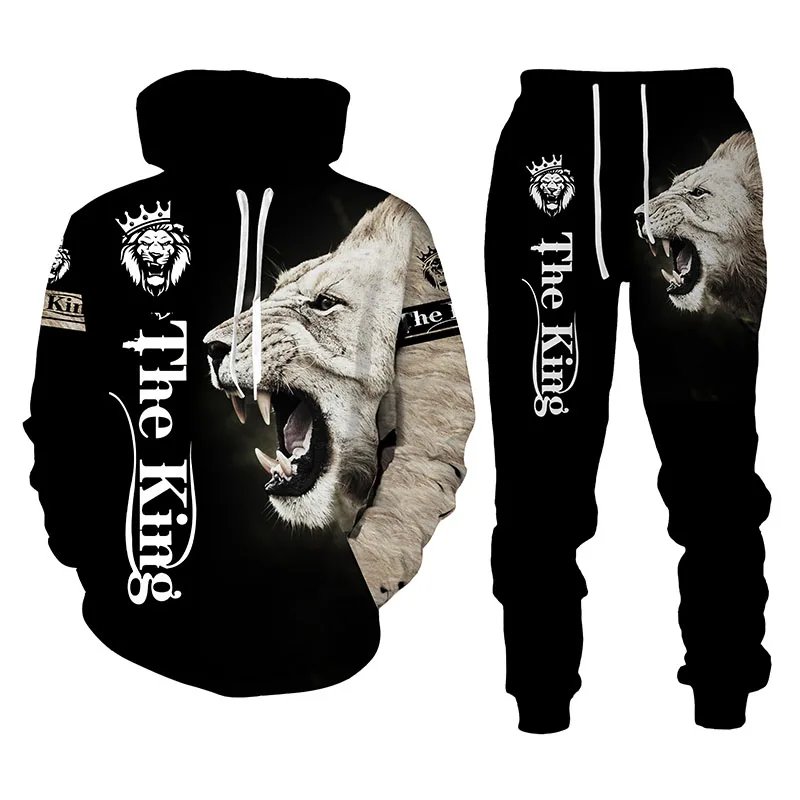 Men's Tiger Hoodie Set Full Sleeve Polyester and Cotton Warm Winter Indoor Animal 3D Printed Sweatershirt Trousers Man Tracksuit