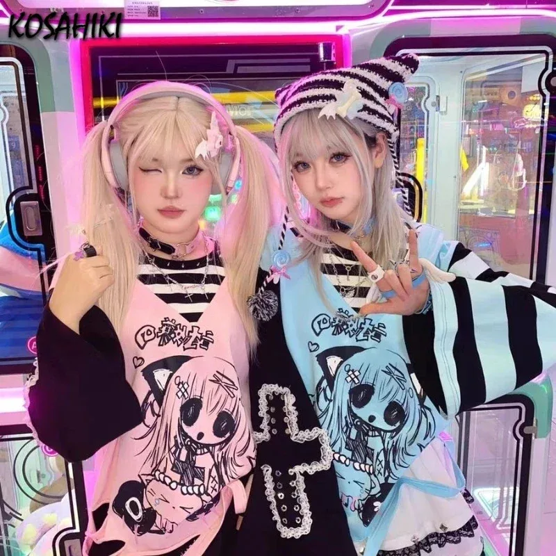 

Японские модные футболки Y2k из двух предметов с мультяшным принтом, женские повседневные свободные топы в стиле гранж, эстетичная фея, футболка Harajuku Kawaii