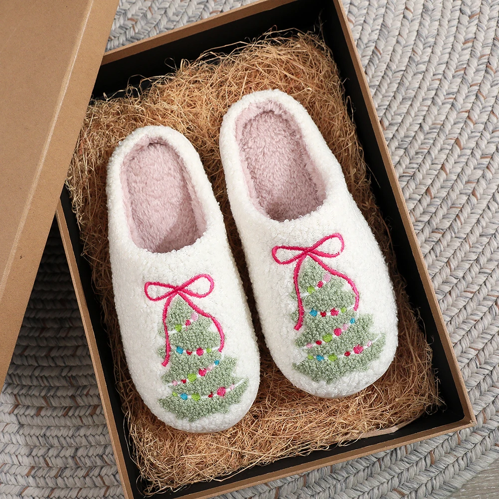 

Flat Thermal Slippers Anti Slip Comfortable Furry Slippers Bow Xmas Tree Pattern Warm Slip-On House Shoes for Winter Autumn
