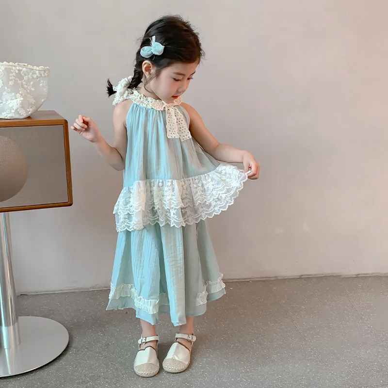 

2025 New Girls' Summer Set Sleeveless Top Lace Lace Fashion Korean Style Western Half Skirt Cute and Sweet