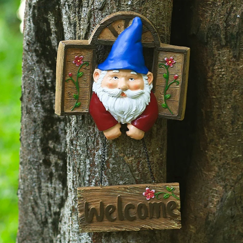 Gnomi da giardino Statue per abbracciare alberi all'aperto, cartello di benvenuto da giardino Peeker Art Decor per sculture di porte da cortile con recinzione per alberi