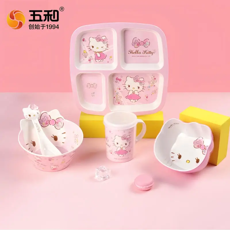 Hello Kitty Pink Children Tableware Cute Cartoon Divided Plate BPA Free Kids Water Cup Anti-Fall Rice Bowl Spoons Baby Food Gift