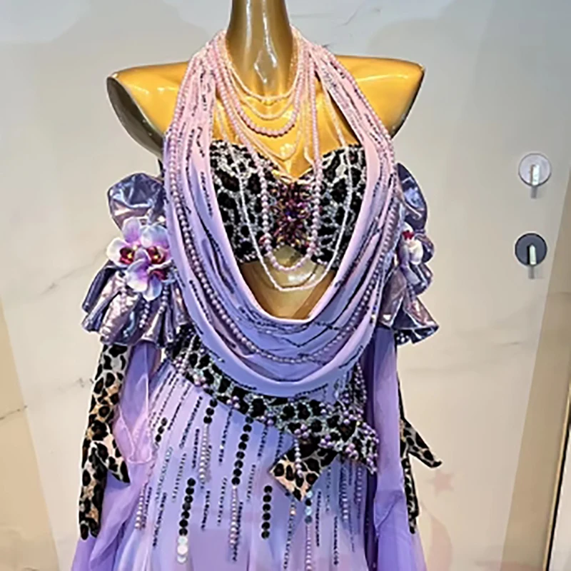 Latin Dance Costume AB Stone Female Adult Children High-End Customized Hollow Leopard Print Bra Samba Performance Dress