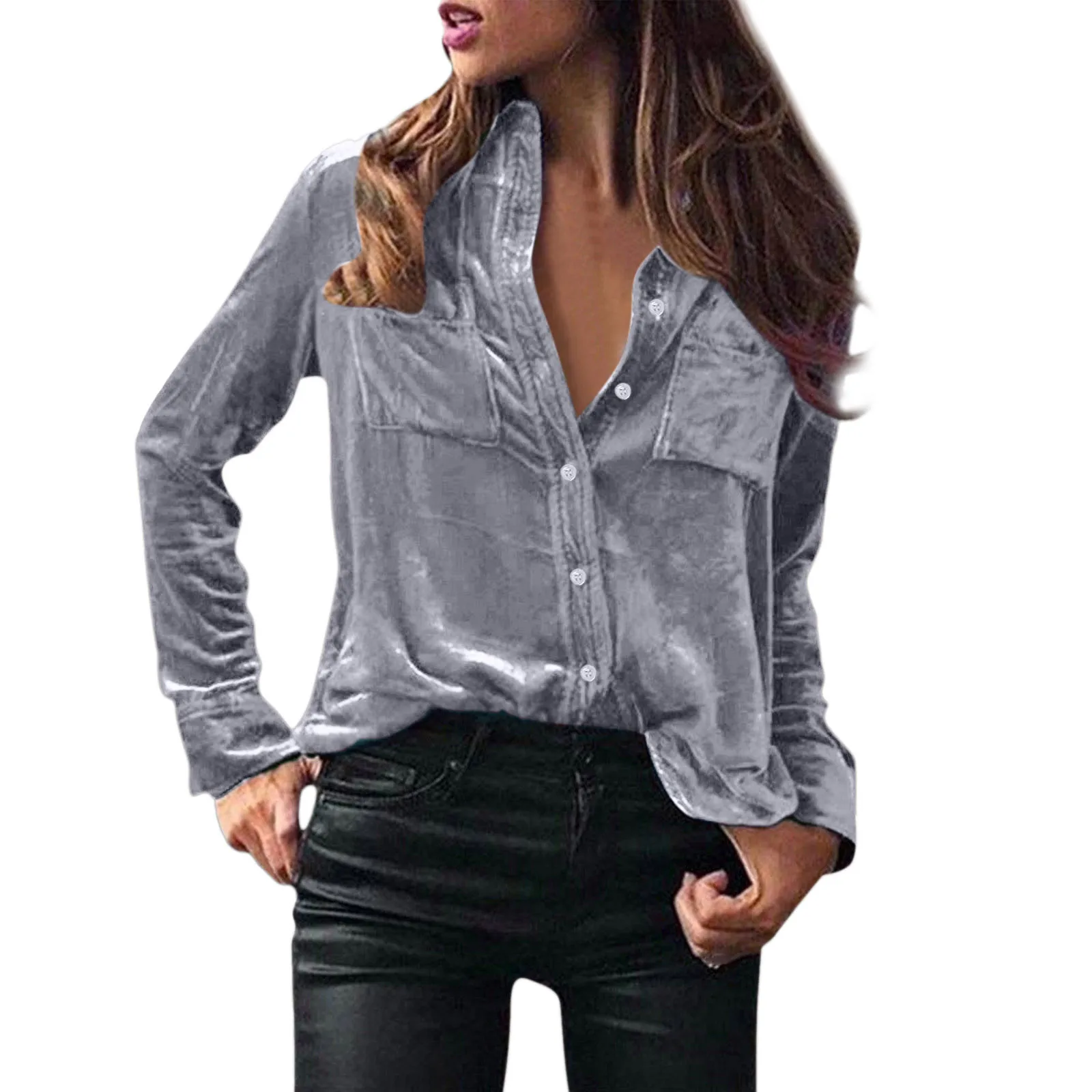 Fashion Velvet Buttons Blouse Shirt Casual Loose Pockets Tops Casual Spring Ladies Female Women Long Sleeve Blusas Pullovers