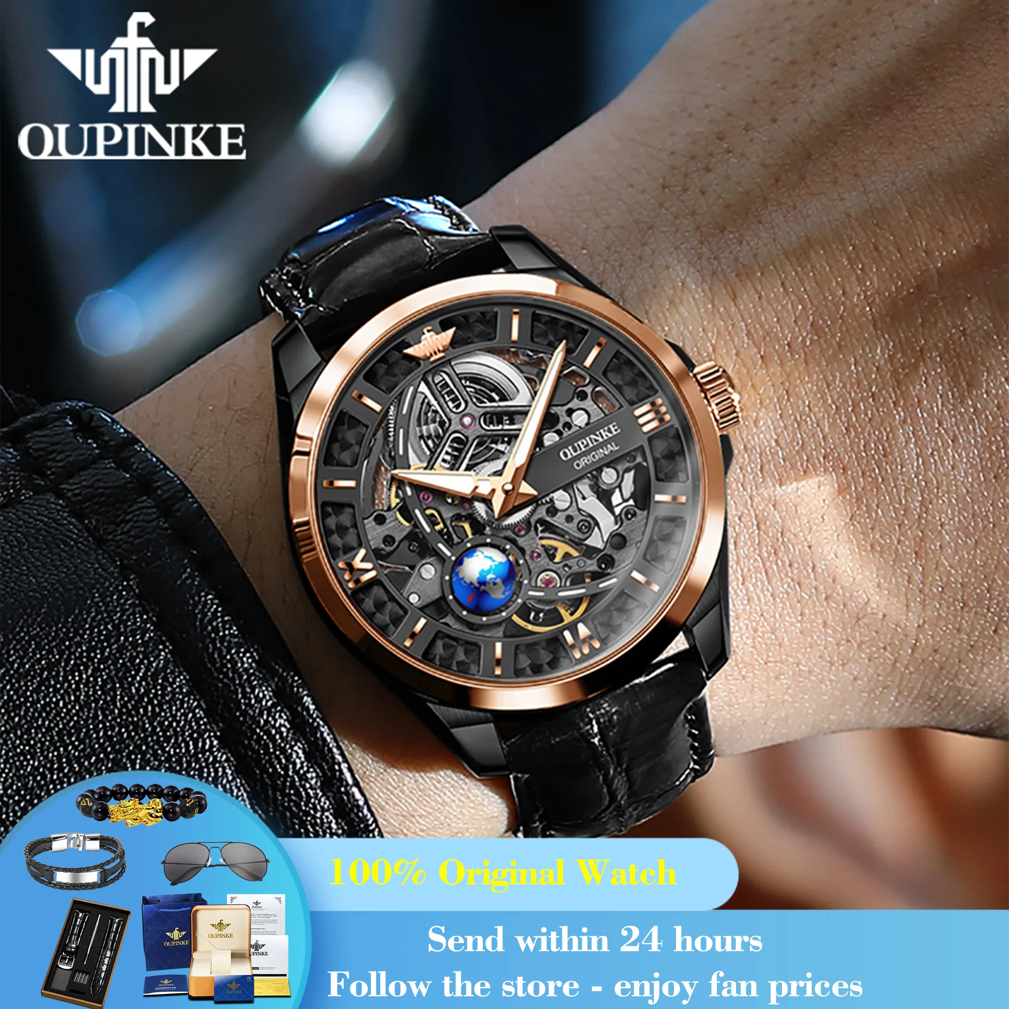 

OUPINKE 3268 Man Automatic Watch Top Brand Hollow Deep Waterproof Mechanical Watch For Men Luxury Original Leather Wristwatch