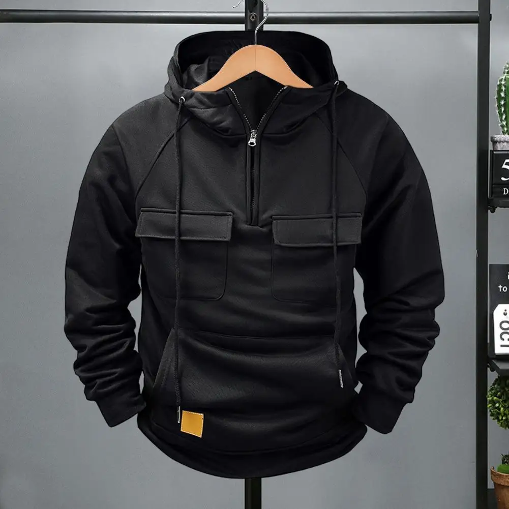 

Casual Men Jacket Men's Cargo Style Sport Top with Multi Pockets Drawstring Hem Half Zipper Hoodie for Fall Spring Thickened