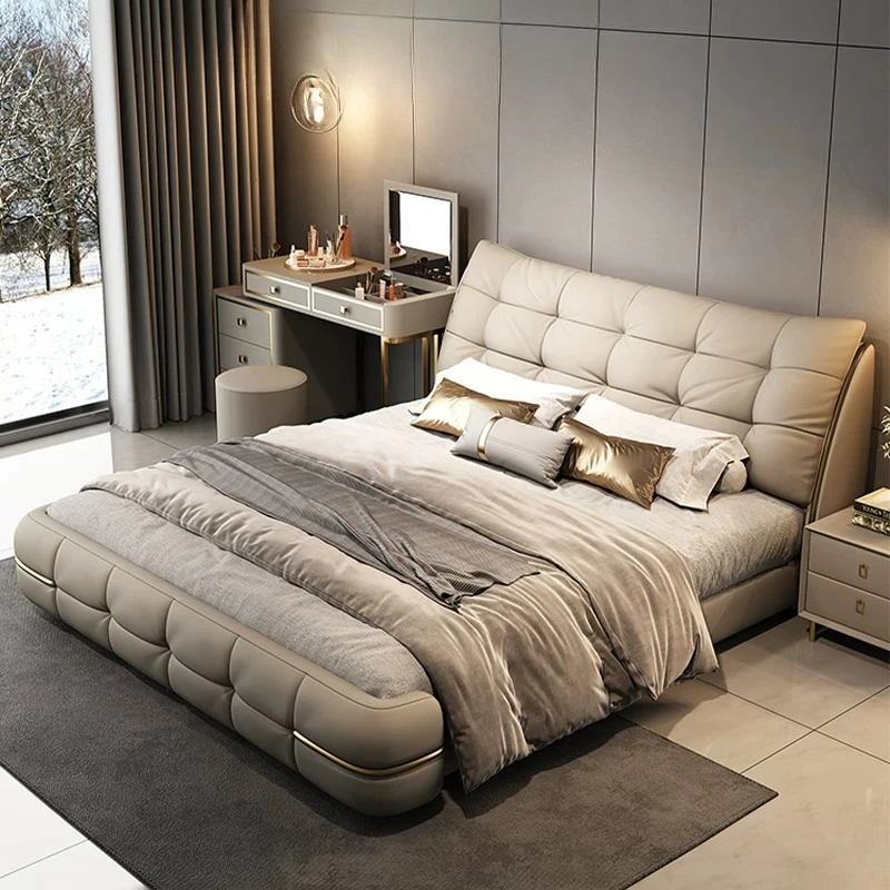 Genuine leather bed replaces simple master bedroom wedding bed Italian style light luxury double soft bag storage large bed