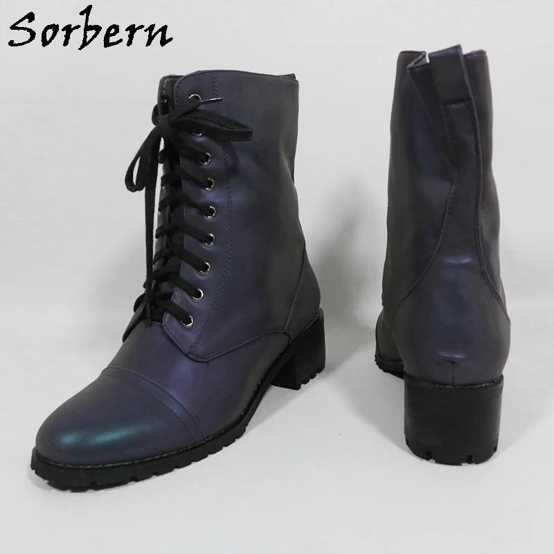 Sorbern Black Reflective Ankle Boots For Women Square Low Heels Round Toe Unisex Style Short Booties Lace Up Custom Color