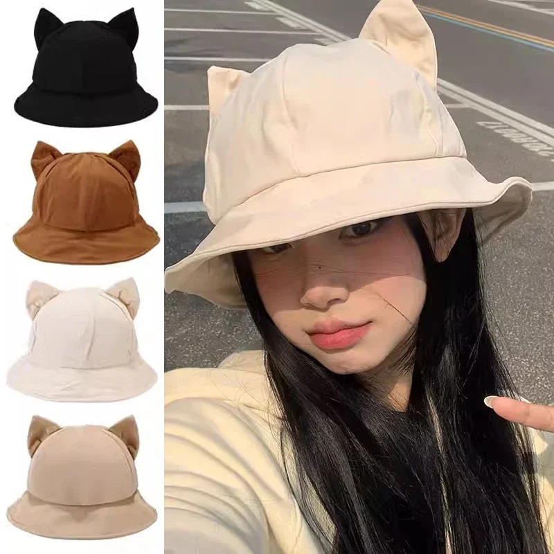 Bucket Hat Women Cute Cat Ear Fisherman Cap Autumn Winter Hats For Women Korean Fashion Design Casual Cartoon Windproof Warm