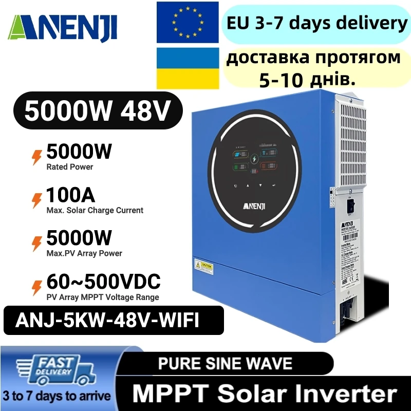 Convertisseur solaire hybride ANENJI 5kW 48V 220V AC hors réseau/sur réseau, onde sinusoïdale pure, double sortie, chargeur MPPT 100A, 500V DC, Wi-Fi