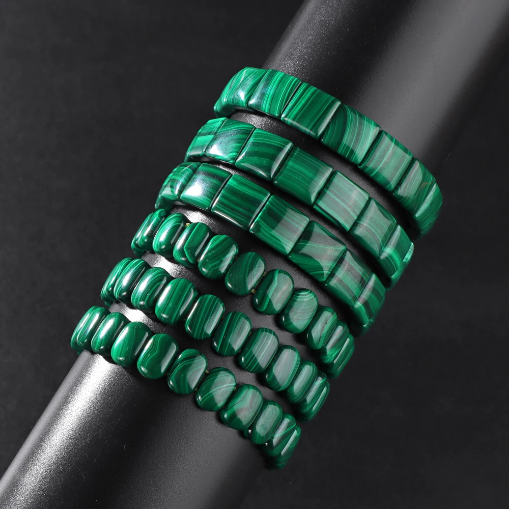 100% Natural Malachite Gem Stone Bead Bracelet Green Square Oval Shape Healing Elastic Bracelet For Men Women Reiki Jewelry Gift