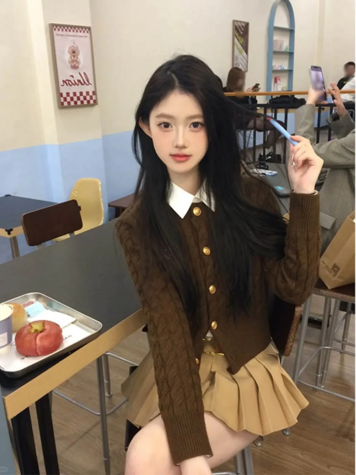 Conjunto de falda de cintura alta con cárdigan y suéter retorcido de punto para mujer Conjunto de dos piezas Faionable College