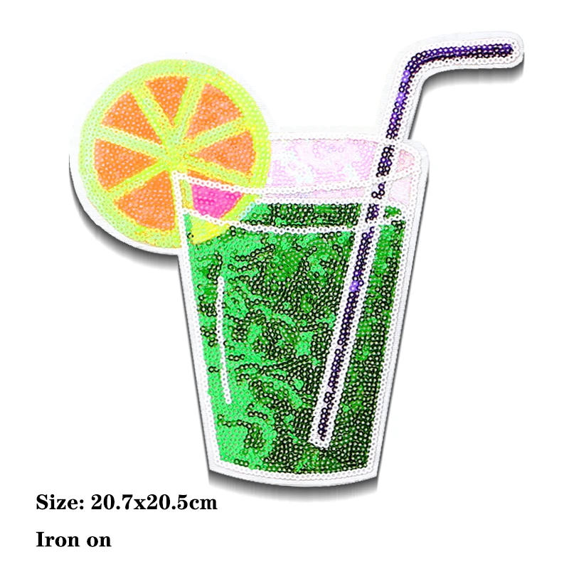 Cocktail Frozen Drink Sequin icon Embroidered Iron on Patches for Clothing DIY Stripes Clothes Patchwork Stickers  Custom Badge