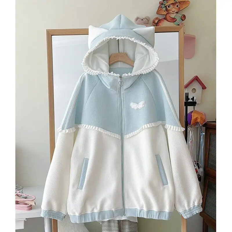 

Subculture Y2K Spicy Girls Sweet Lace Hooded Guards Autumn and Winter anime Spicy Girls Fashion Plush Tops emo