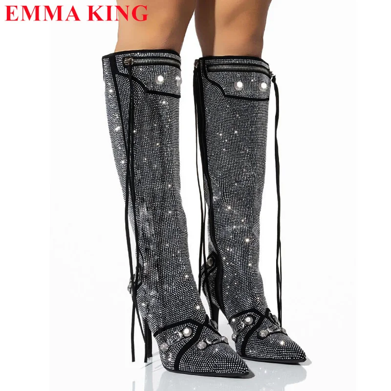 

Women Crystal Rivet Knee High Boots Tassel Buckle Strap Motorcycle Boots Autumn Bling Party Shoes High Heels Long Boots Woman