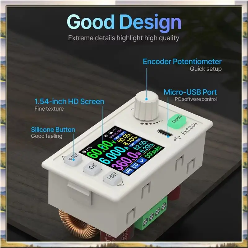 

DHDL RK6006-BT 60V Digital Display Adjustable DC Voltage Regulator 6A Micro-USB Interface 1.54 Inch LCD Display