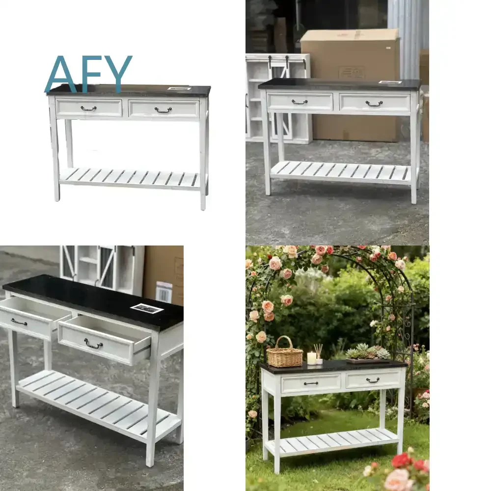 Farmhouse Console Table with 2 Drawers and Bottom Shelf for Home Office Living Room Entryway Decor Distressed White Wood and