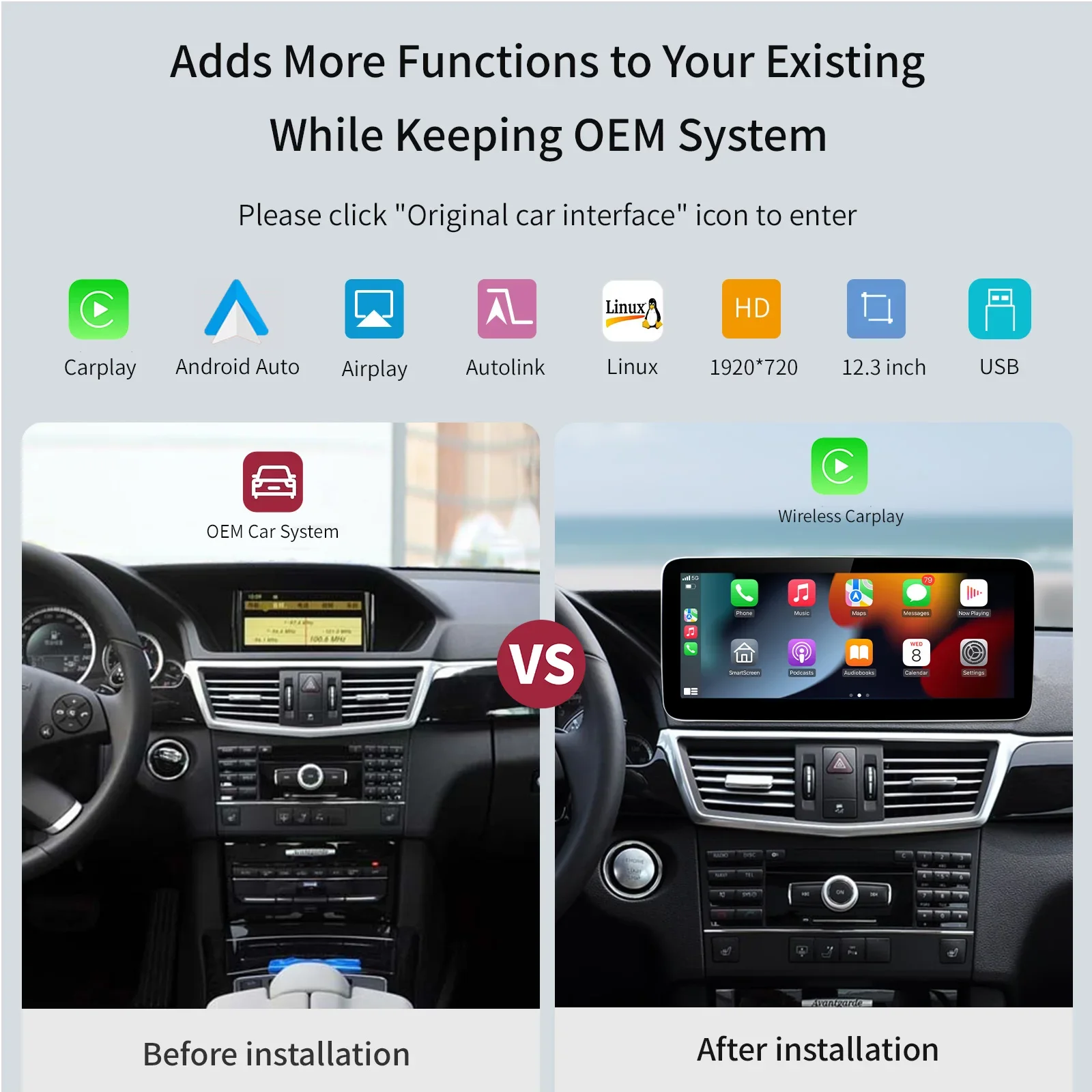 Wireless Carplay Android Auto 12.3'' Touch Screen Multimedia Radio for GLC CLA GLC W212 C117 X156 W205 4.5/5.0