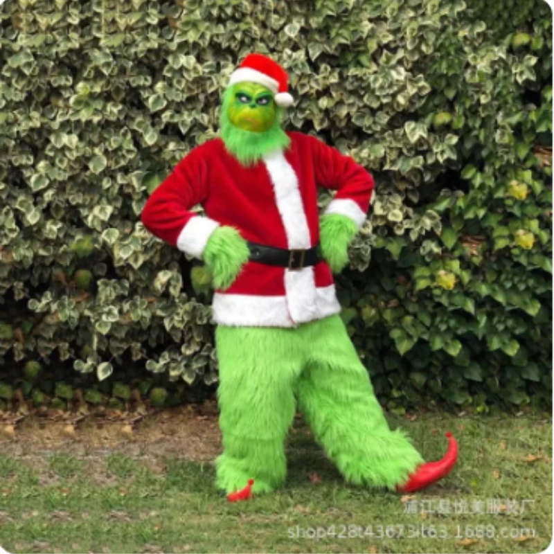 

Santa Claus Cosplay Costume Set Christmas Party Prom Adult Role Playing Green Monster Shaggy Halloween Cosplay Suit Gloves Mask