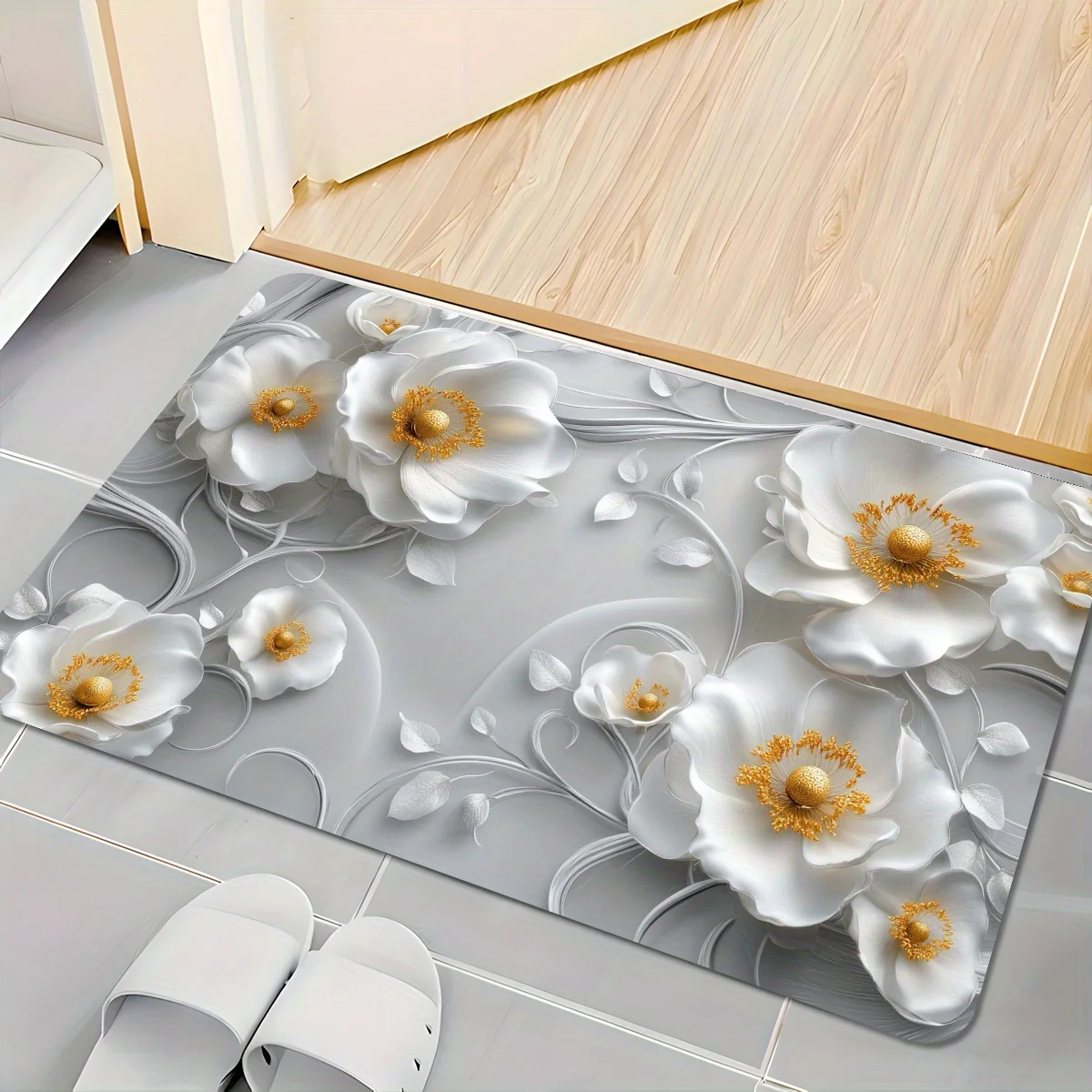 

Цельный белый коврик с цветочным принтом, полиэфирная ткань, можно стирать в машине, подходит для украшения спальни, гостиной