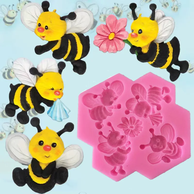 4 hardworking bees silicone molds DIY Cake Baking Tool Kids Cupcake Decorator Fondant Dessert Chocolate Mold