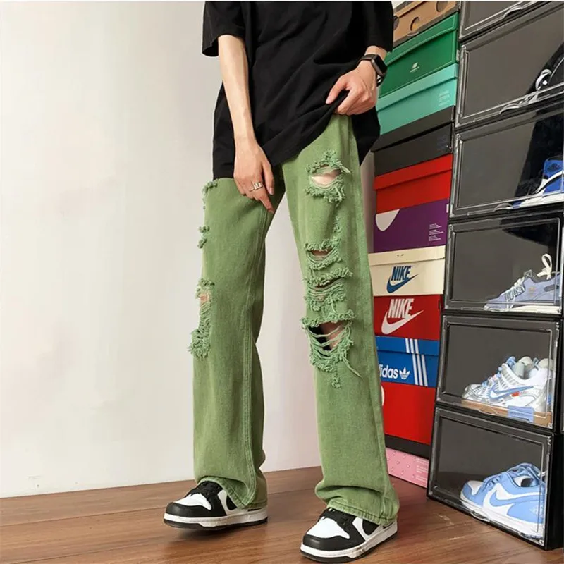 Green Jeans Men\'s Clothing High Street Ripped Straight Pants Solid Color Button Pocket Trousers Loose A008