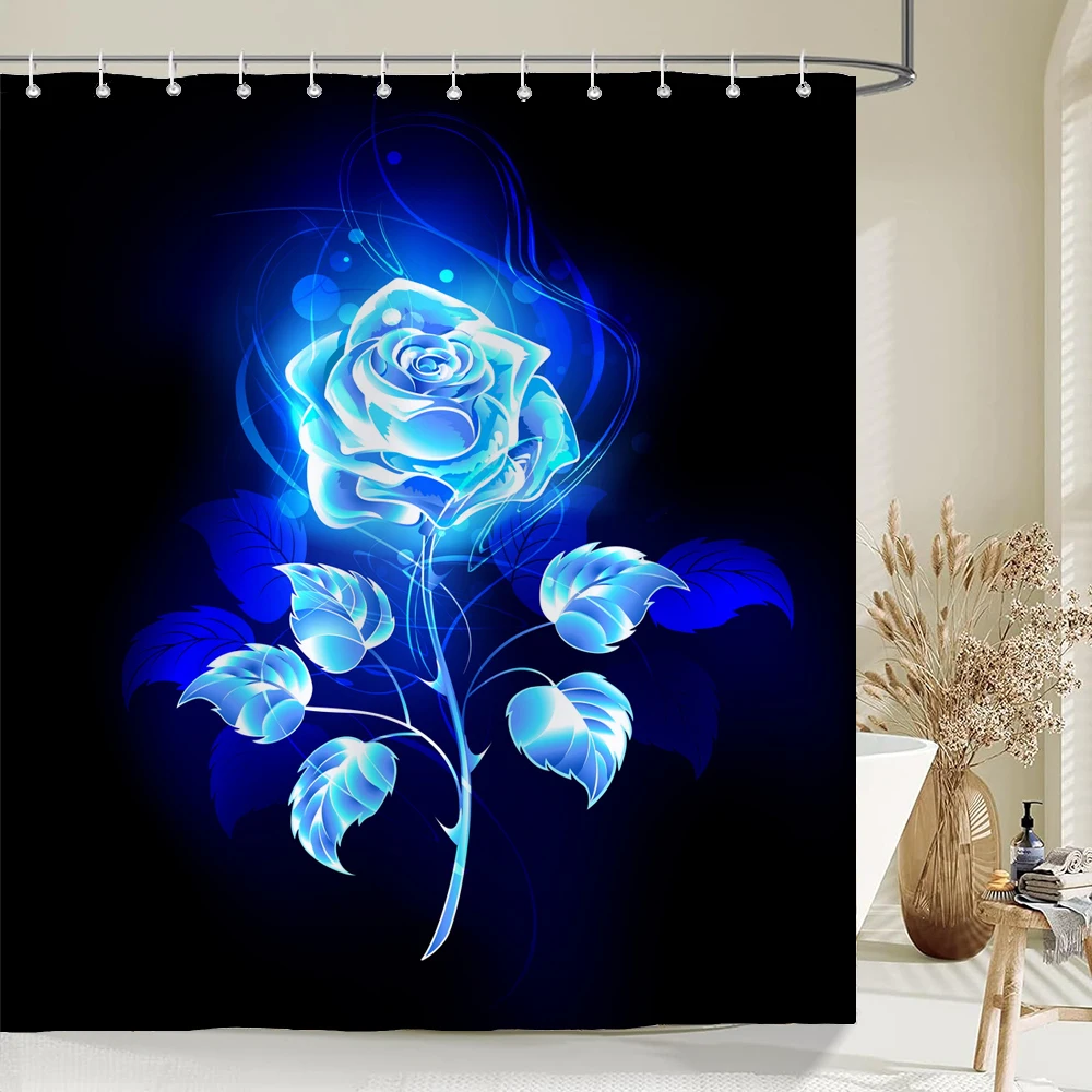 

Black Golden Roses and Butterflies Bathroom Shower Curtain Blue Flowers Polyester Shower Curtains Bathroom Waterproof Curtain