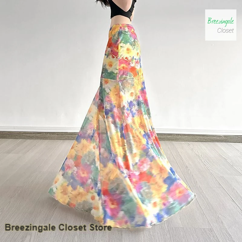 Summer oil painting color romantic temperament skirt female American spice girl wind island holiday beach skirt long skirt
