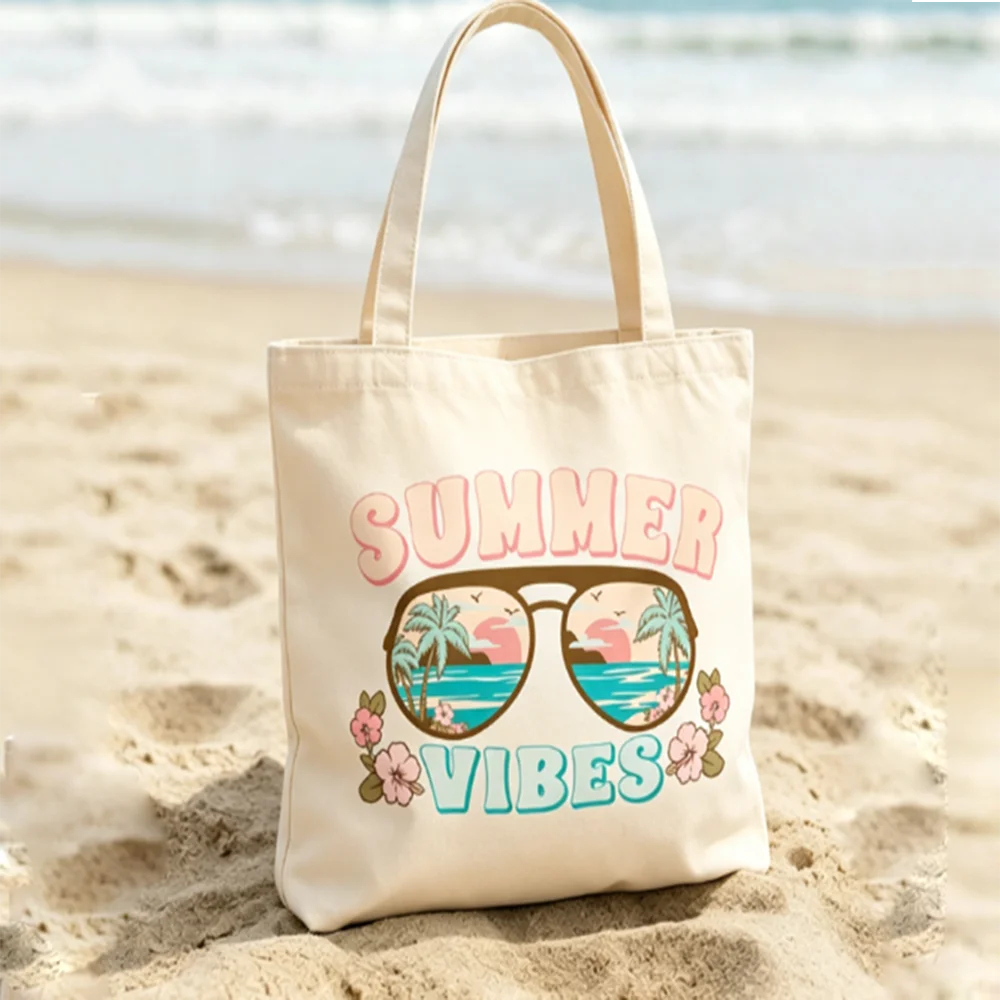 

Custom Canvas Tote Bag Personalized Summer Vibes Bag Large Capacity Storage Shoulder Bag Travel Essential Gift For Women