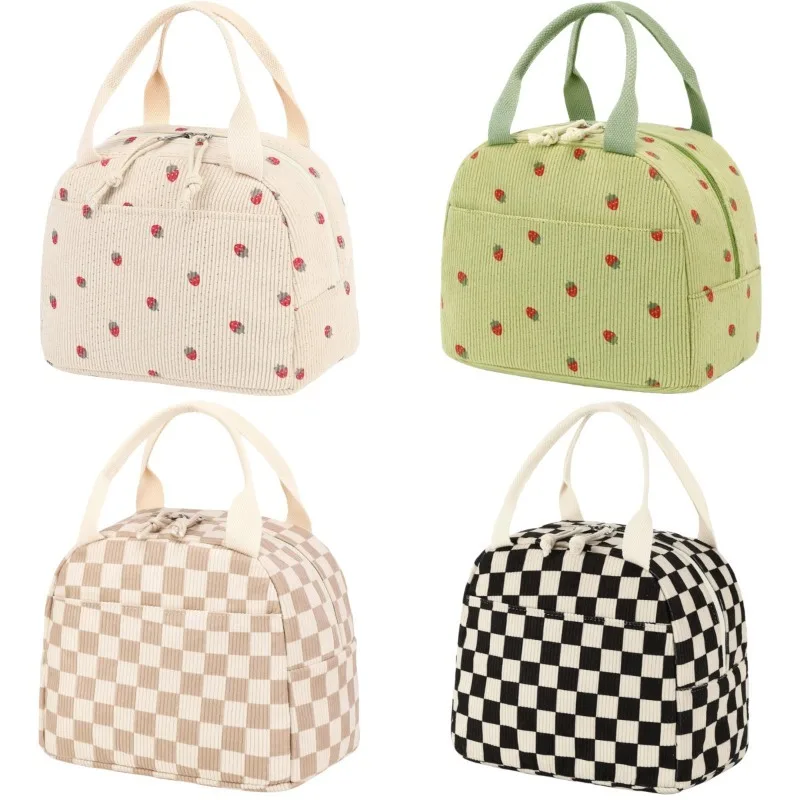Cute Corduroy Lunch Bag for Women, Insulated Reusable Lunch Tote with Strawberry Print Portable Thermal Meal Prep Bag for Picnic