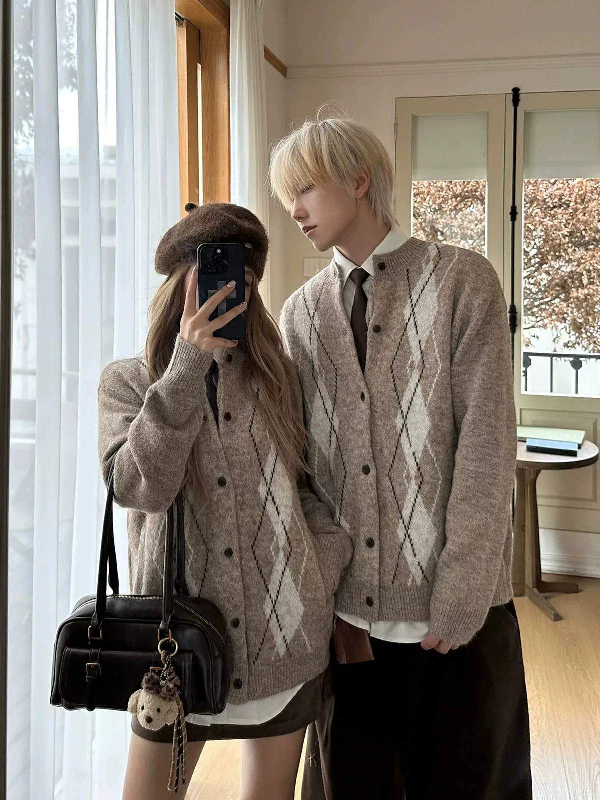 Loose Fit Men's Knitted Cardigan with Button Closure Diamond Pattern Casual Style Winter Outerwear High Intelligence Sensation