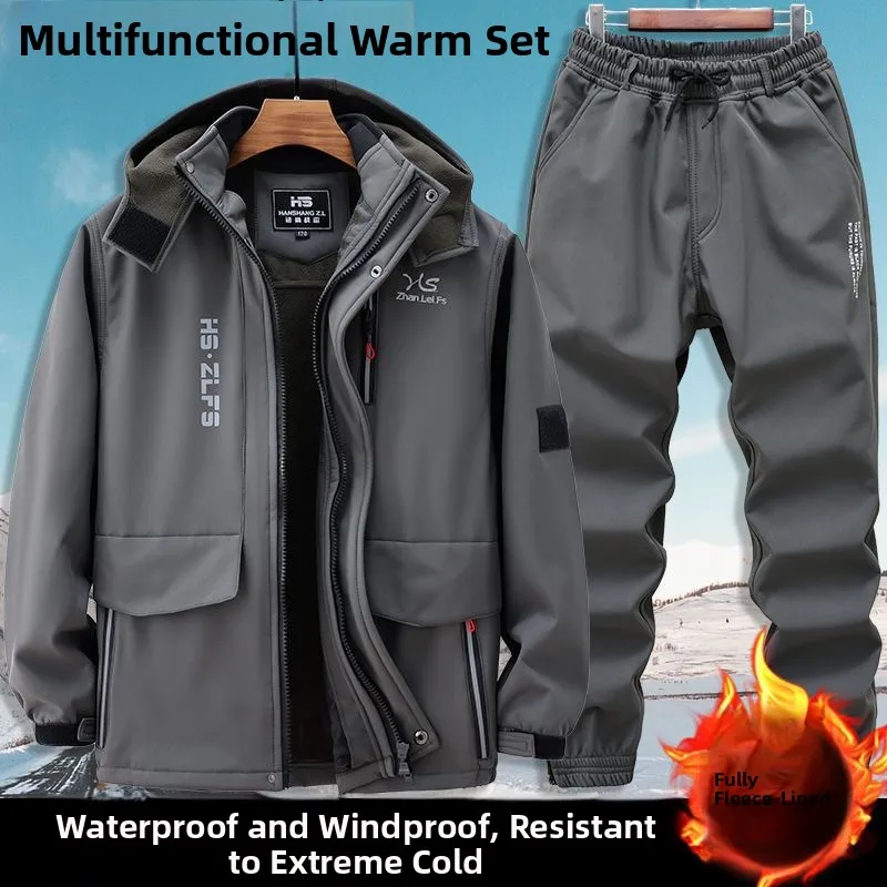 طقم ملابس عمل شتوي للرجال من ثينيد فيس مقاوم للماء والبرد وعصري ومقاوم للرياح من مزيج القطن بأكمام طويلة