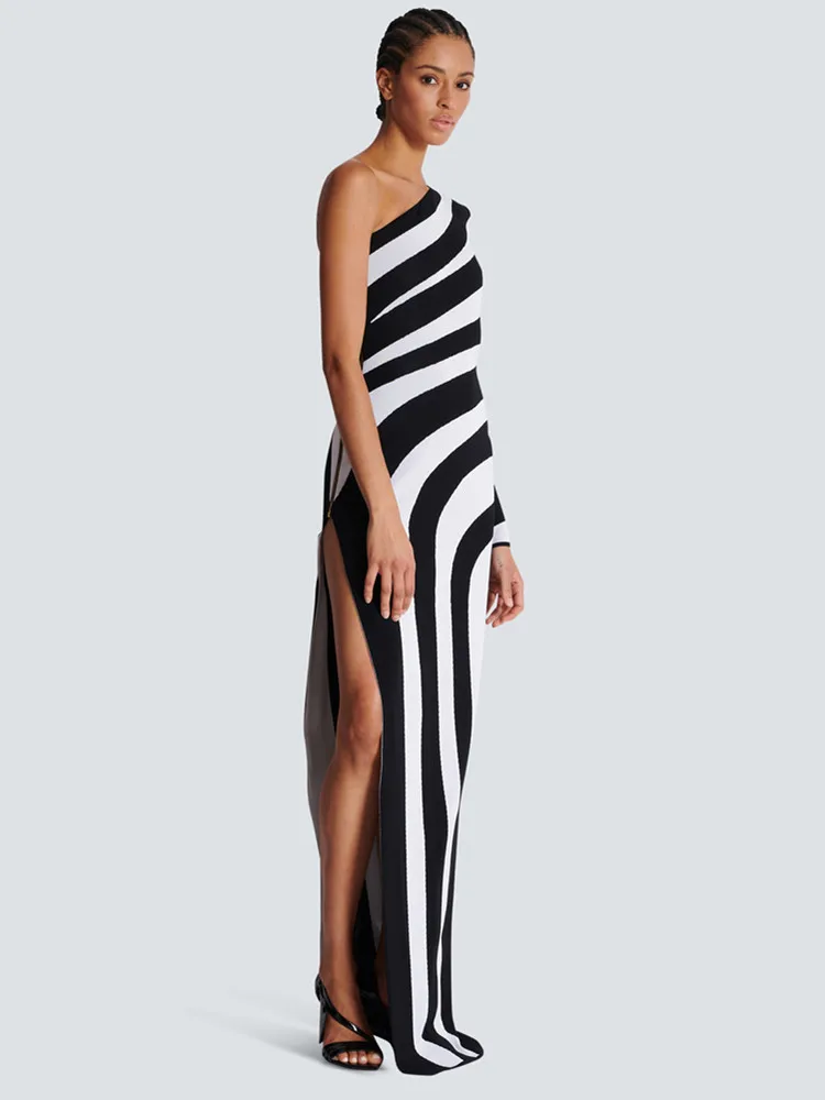 Women Celebrity Sexy One Shoulder Striped Jacquard Maxi Long Split Bodycon Bandage Dress 2024 Evening Club Party Luxury Wrap