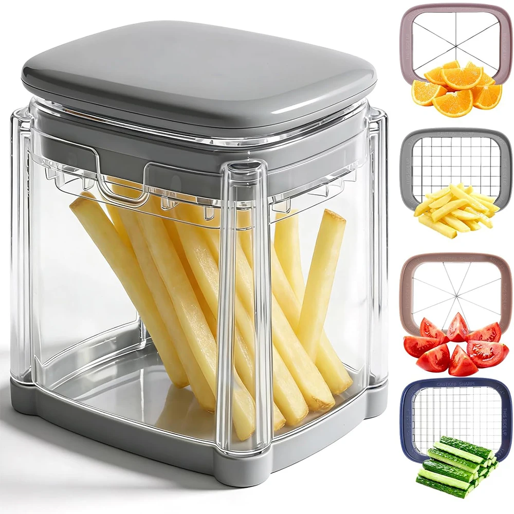 LMETJMA 4 in 1 French Fry Cutter Potato Slicer with Container Manual Vegetable Chopper with 4 Blades Potato Cutter for Fries