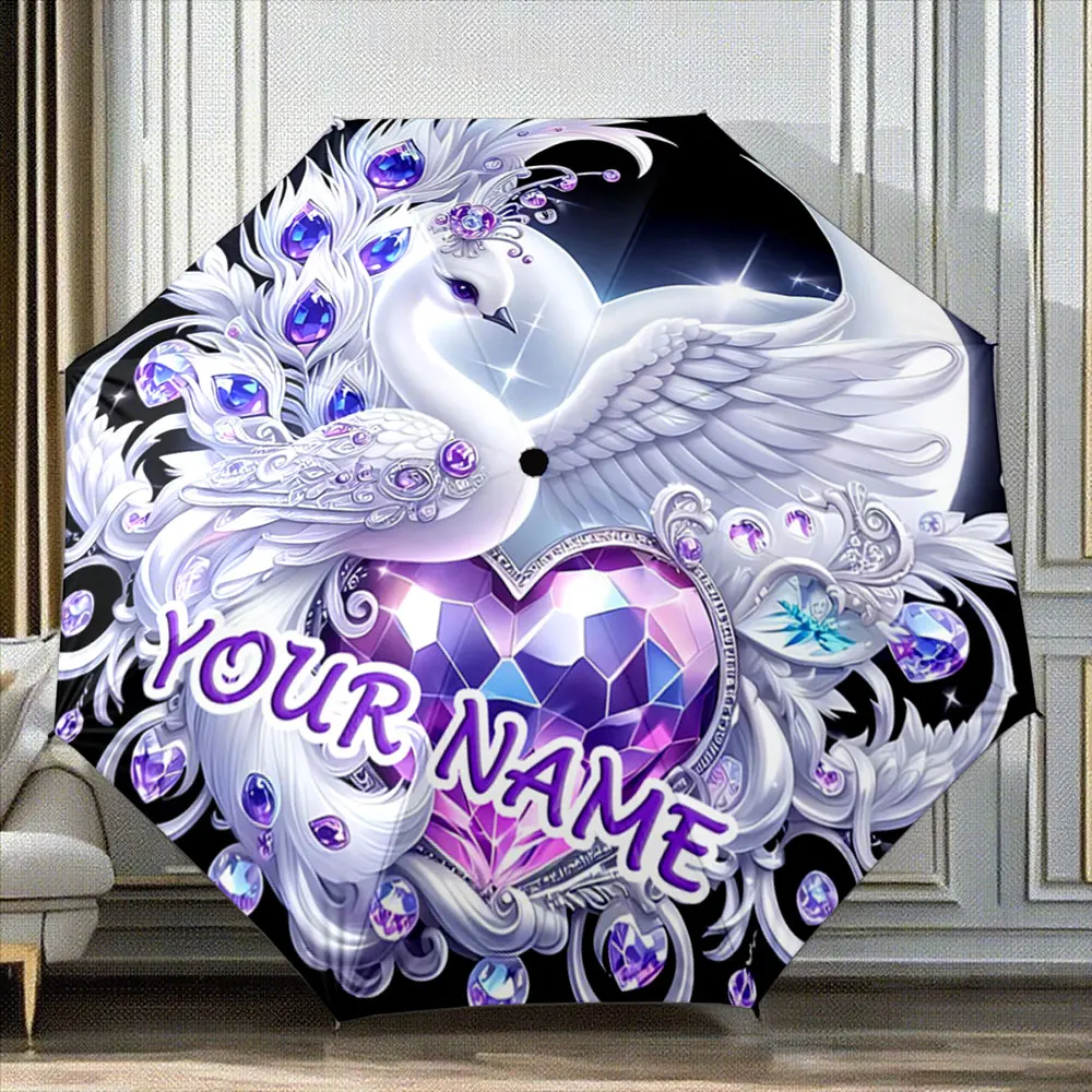 Custom Name Umbrella Elegant White Swan with Gems & Purple Heart Design Umbrella Portable Folding Umbrella,Christmas Gift