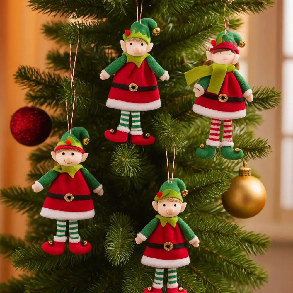 

Cute Christmas Elf Doll Stuffed Boy Girl Hanging Bell Elf Red Green with Bell Christmas Tree Pendant Kids Gifts