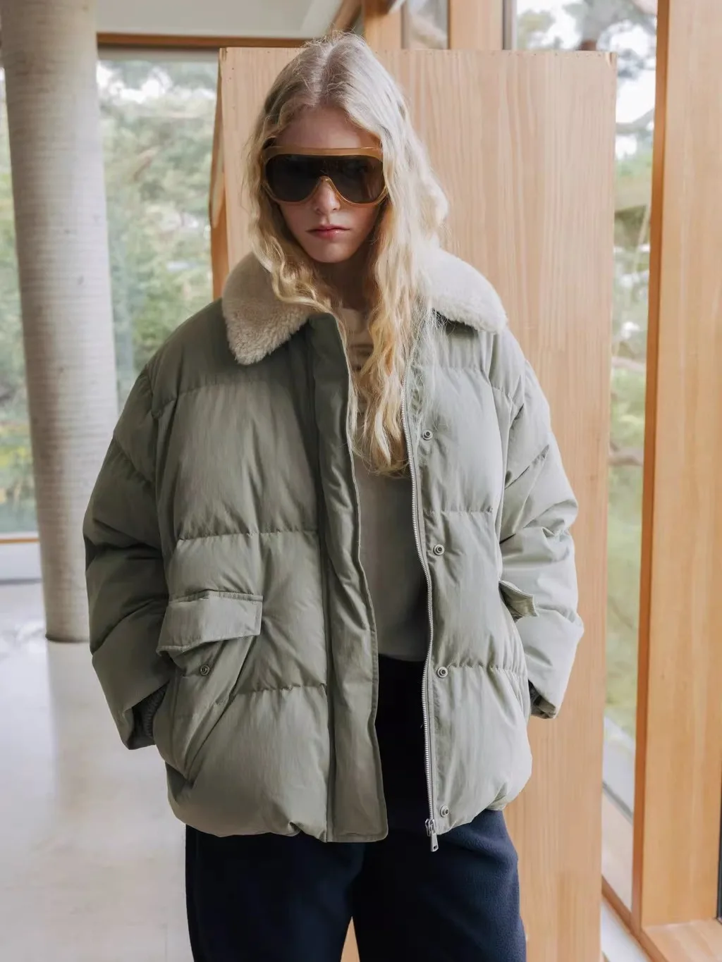 

Winter Du down Jaet Coat with Collar And Large kets Women's Commute Sle Stand Thin Warm Outerwear