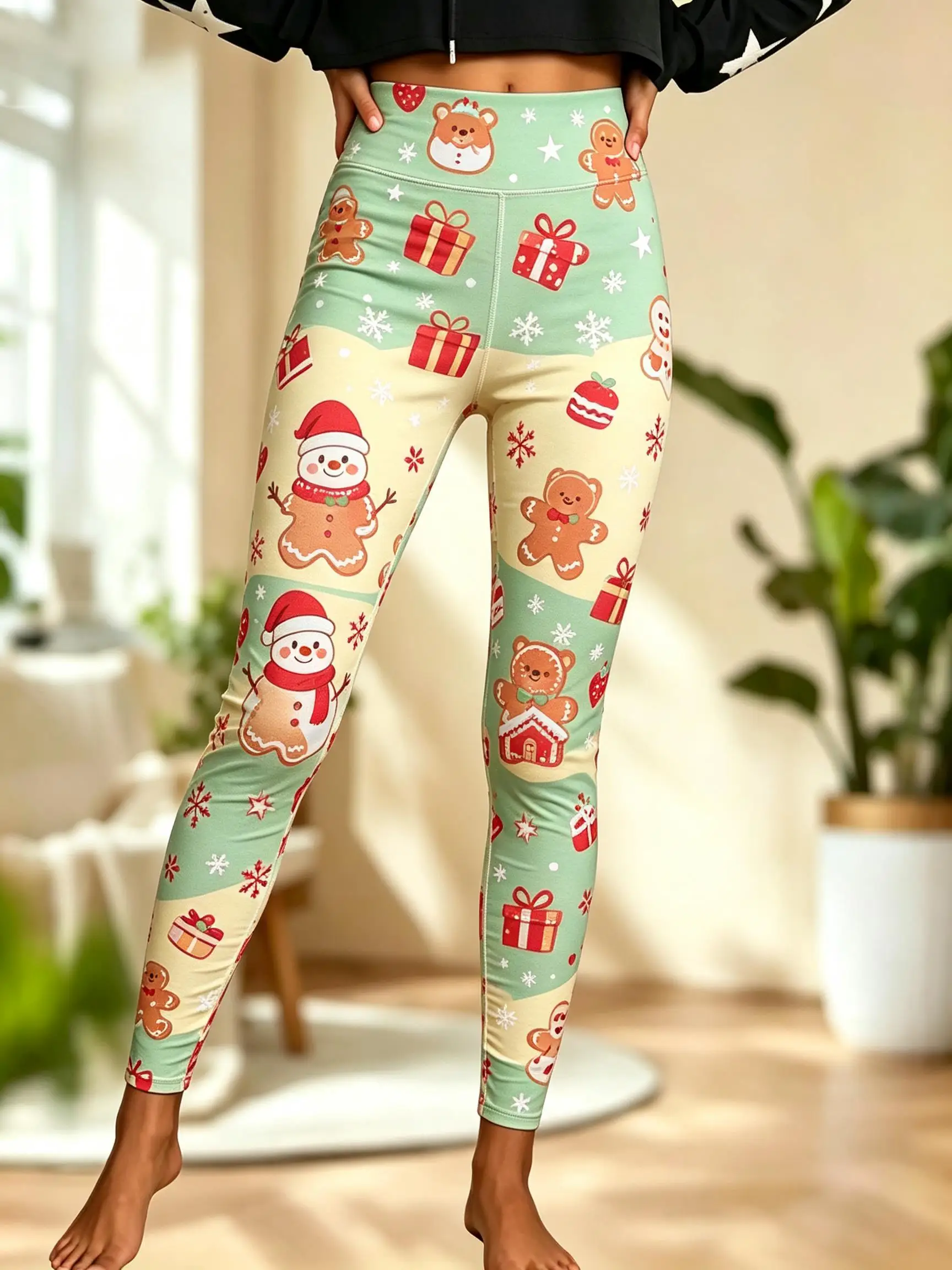 Women Fleece‑Lined Mid‑Rise Leggings Christmas Gingerbread Man Train Gift Box Print Slim Warm Pants - view 4