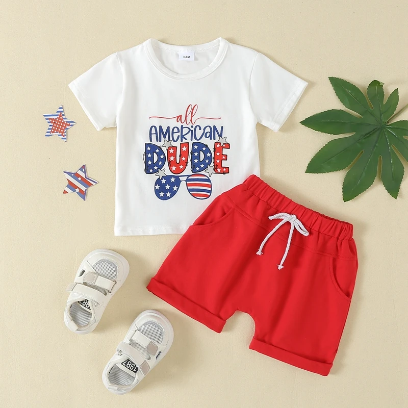 2024-04-05 Lioraitiin Baby Boys Memorial Day Outfit Letter Sunglasses Print Short Sleeves T-Shirt and Elastic Shorts Set Clothes