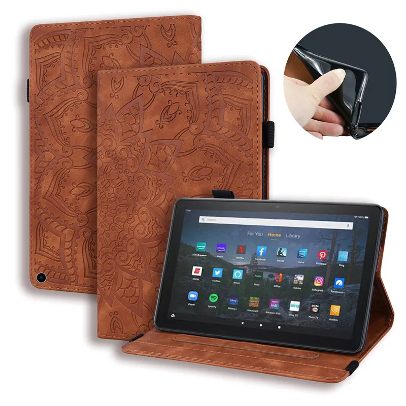 Tablet Cover For Fire HD10 2021 Case 10.1Emboss Leather Wallet Cover For Funda Amazon Fire HD 10 2021 Case For Fire HD 10 Plus