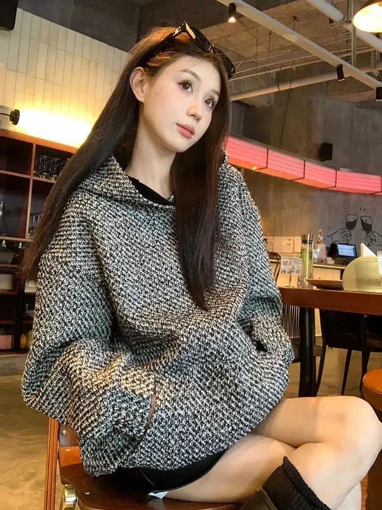 Woman Tops Baggy Autumn and Winter Hoodies Cold Hooded Tweed Sweatshirt for Women Loose Warm Thick Nice Color Sport Y 2k Vintage